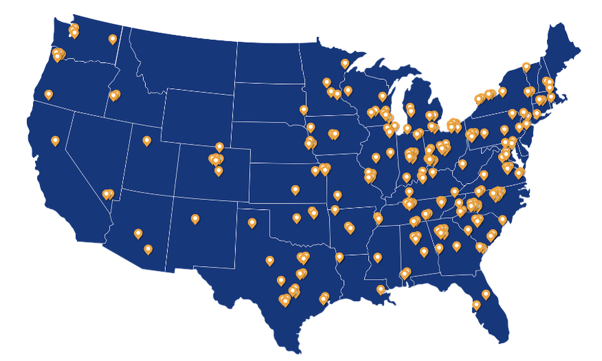 A map of the United States of America with pins in the locations of Great Day Improvements service areas.