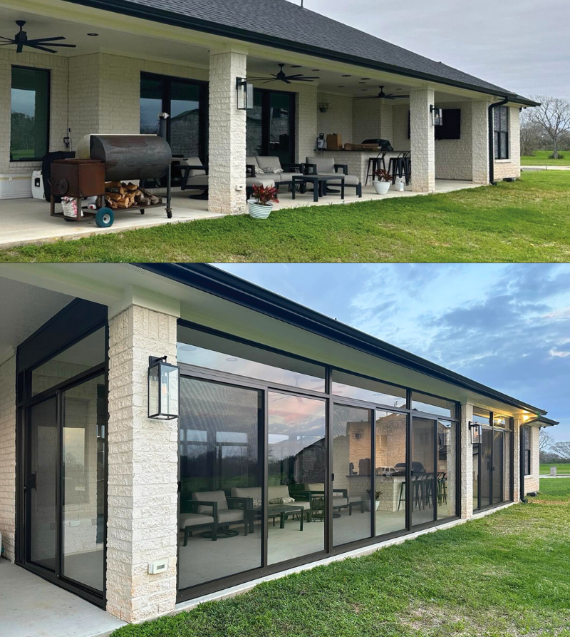 Two images of the same house - one shows the before of an open back patio and the other shows the same patio enclosed by glass windows and doors.