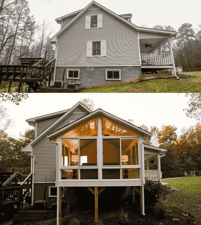 A before & after of a sunroom addition on the side of a house.