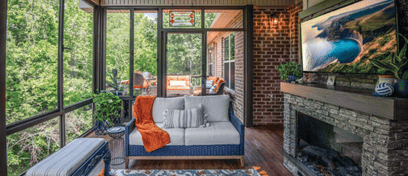 The interior of a cozy sunroom with a fireplace overlooking a wide vista of trees in the backyard.