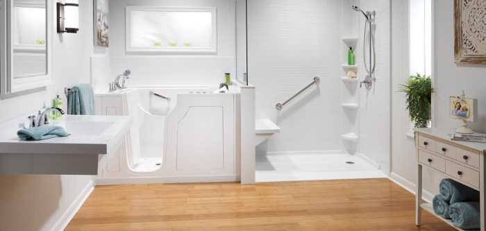 Bright, accessible bathroom featuring a walk-in tub, low-threshold shower with grab bars, and modern floating vanity—designed for safety, comfort, and elegant aging-in-place living.