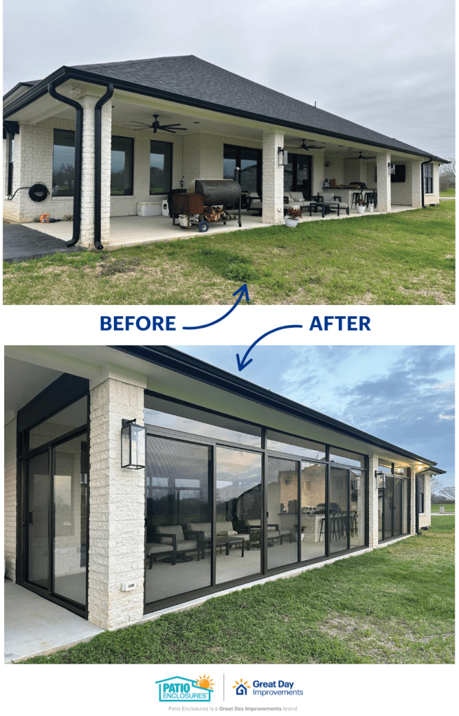 Before and after images of an enclosed porch by Patio Enclosures, a Great Day Improvements brand.