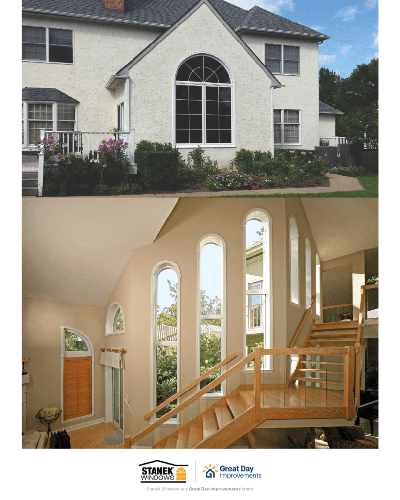 Images of exterior and interior windows that have interesting and dramatic shapes but are still energy efficient by Stanek Windows, a Great Day Improvements brand.