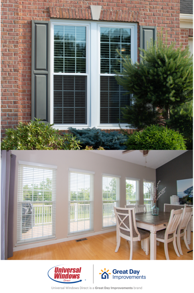 A window on the exterior of a house and a set of windows in a dining room renovated by Universal Windows Direct, a Great Day Improvements brand.