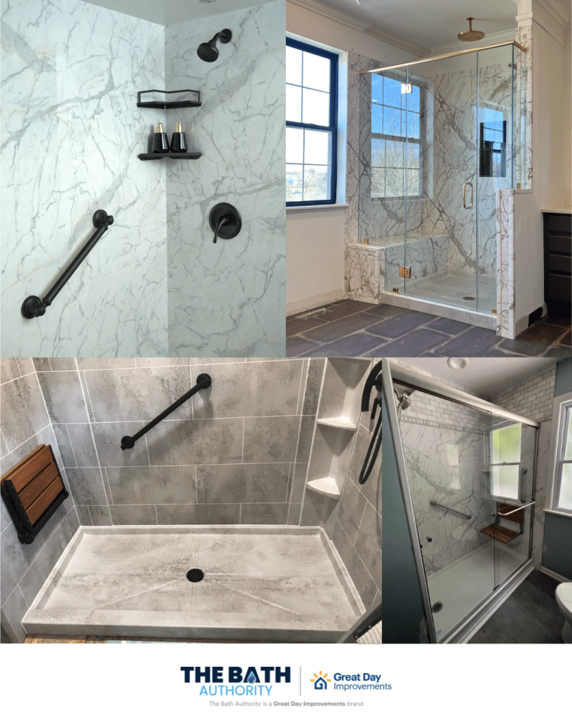 Images of remodeled showers that have accessible features like grab bars and benches completed by The Bath Authority, a Great Day Improvements brand.
