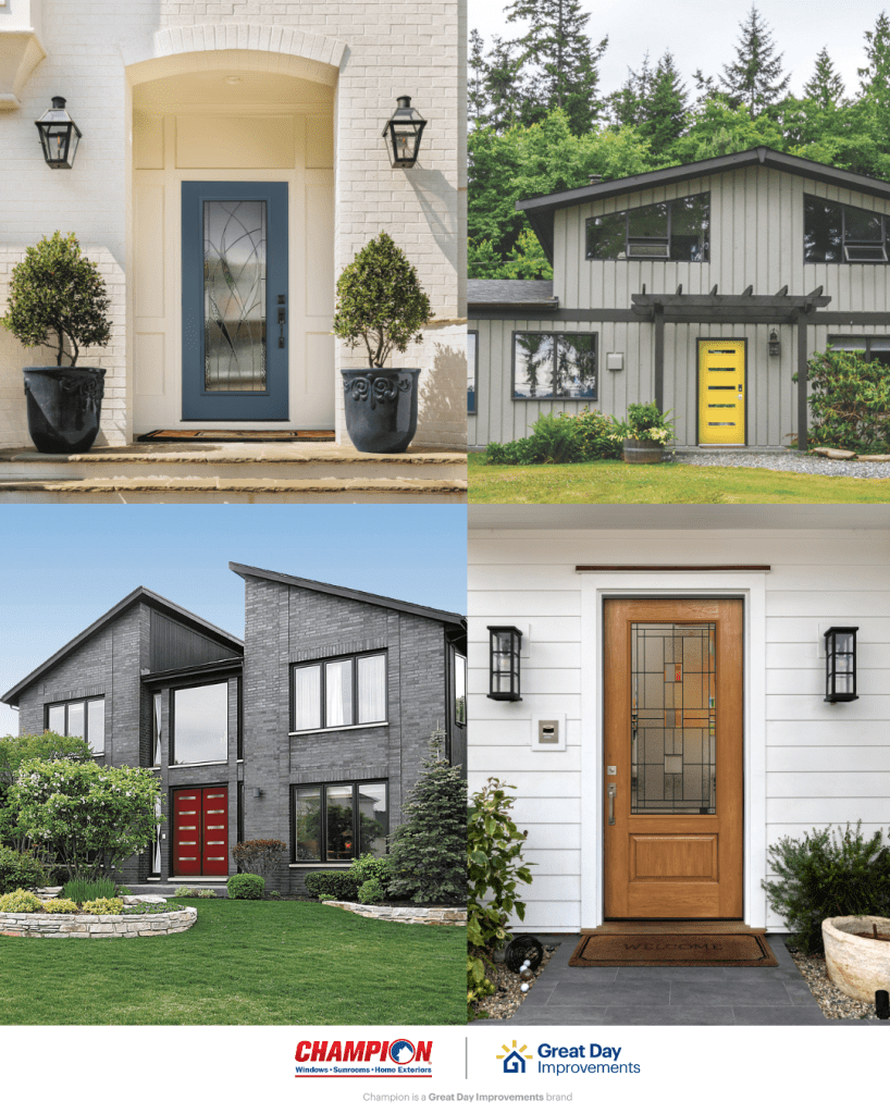Four different images of statement front doors with a variety of colors and glass design by Champion, a Great Day Improvements brand.