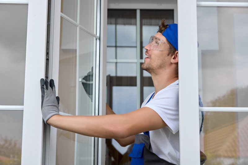 A professional installer puts the finishing touches on a new window for a house.