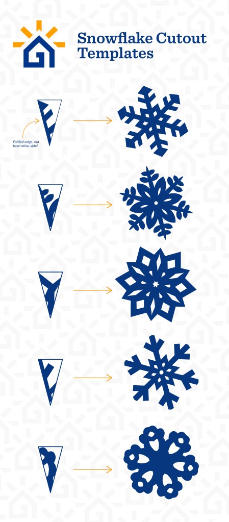 Five snowflake cutout template designs that show you how to cut the paper when folded and what the final snowflake will look like when it's unfolded.