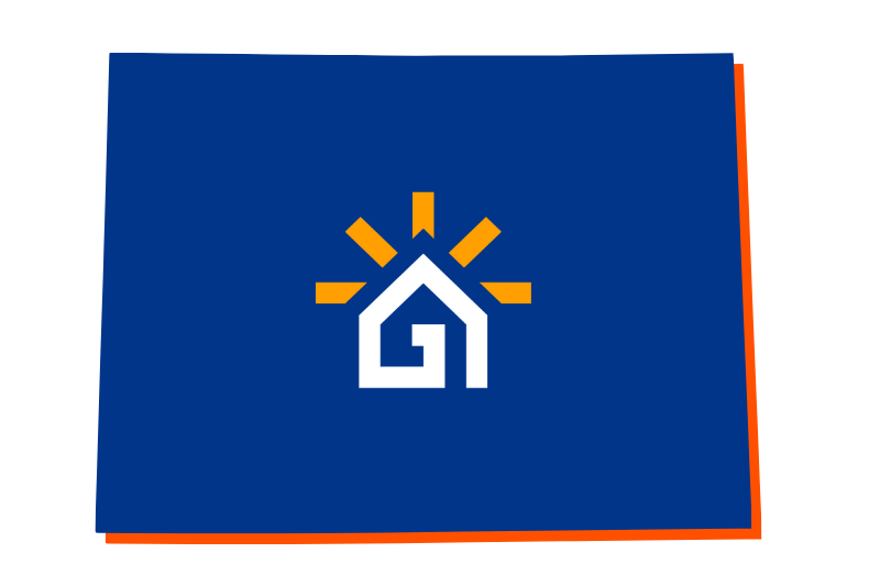 A navy blue outline of the state of Colorado with the Great Day Improvements logo in the center.