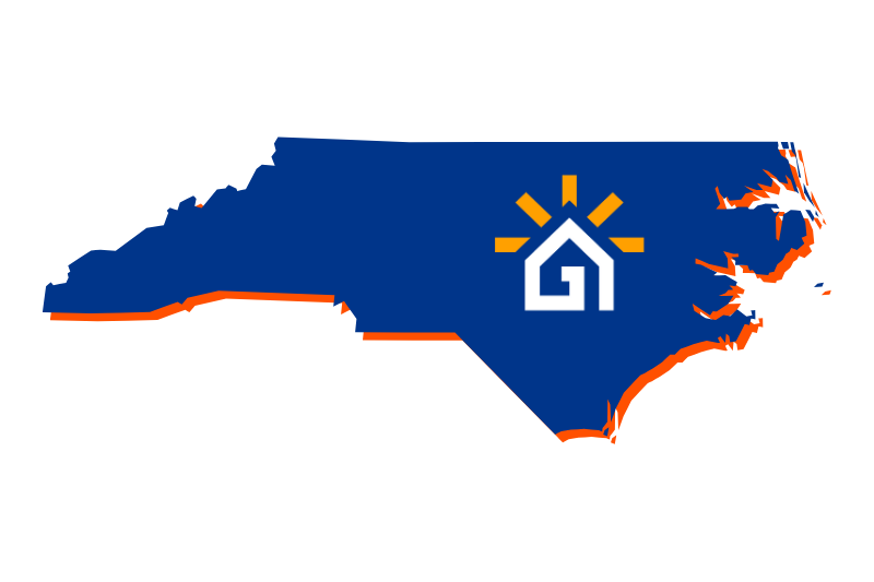 A navy blue outline of the state of North Carolina with the Great Day Improvements logo in the center.