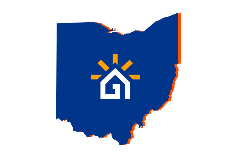 A navy blue outline of the state of Ohio with the Great Day Improvements logo in the center.