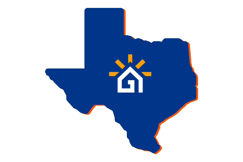 A navy blue outline of the state of Texas with the Great Day Improvements logo in the center.
