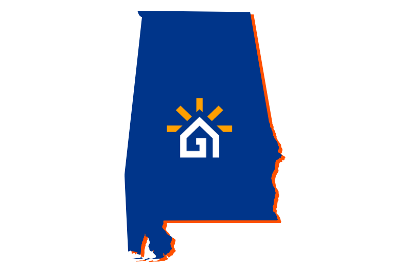 A navy blue outline of the state of Alabama with the Great Day Improvements logo in the center.