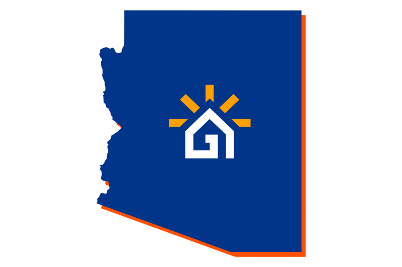 A navy blue outline of the state of Arizona with the Great Day Improvements logo in the center.