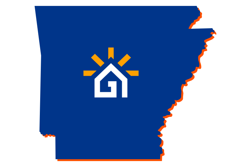A navy blue outline of the state of Arkansas with the Great Day Improvements logo in the center.