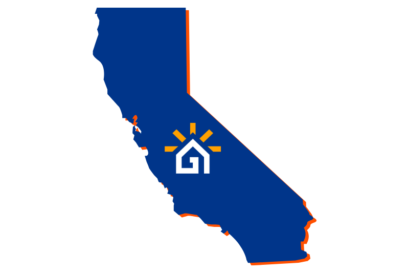 A navy blue outline of the state of California with the Great Day Improvements logo in the center.