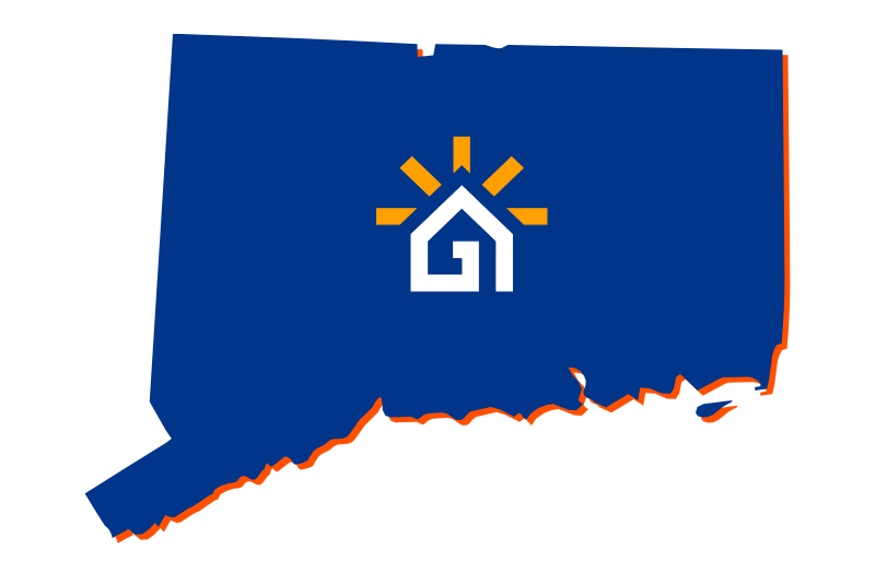 A navy blue outline of the state of Connecticut with the Great Day Improvements logo in the center.