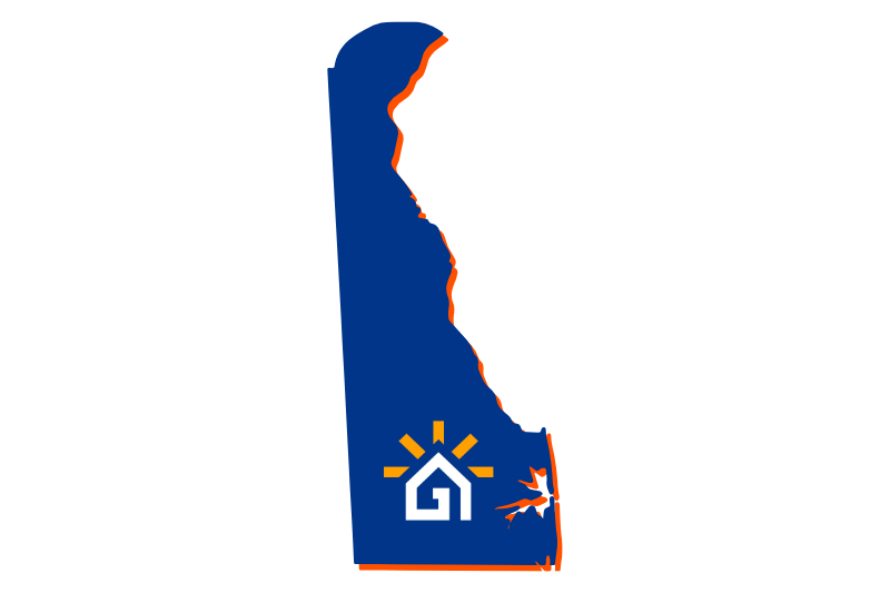 A navy blue outline of the state of Delaware with the Great Day Improvements logo in the center.