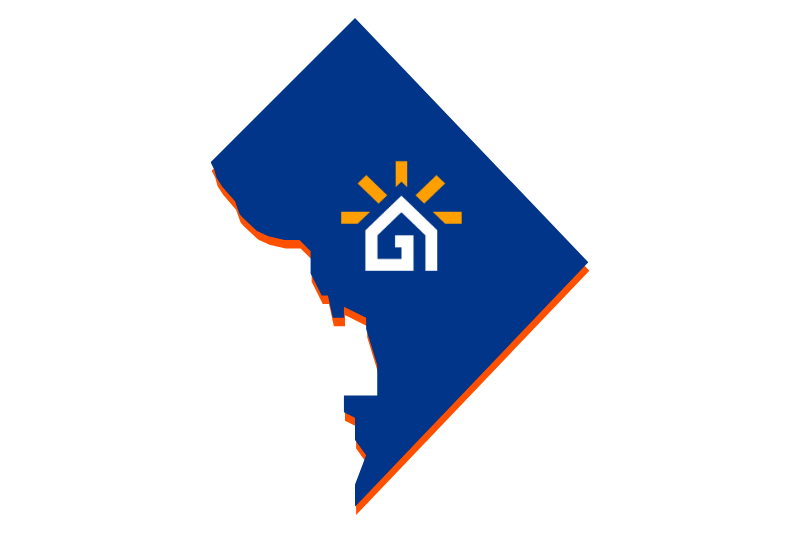 A navy blue outline of the District of Columbia with the Great Day Improvements logo in the center.