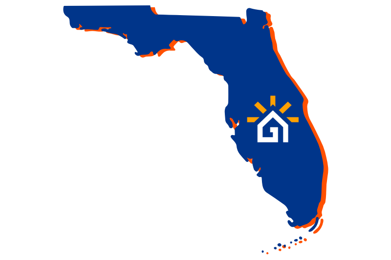 A navy blue outline of the state of Florida with the Great Day Improvements logo in the center.
