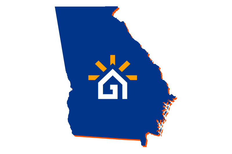 A navy blue outline of the state of Georgia with the Great Day Improvements logo in the center.