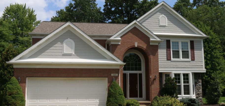 Transitional Columbus home combining brick and siding with a large arched entryway—designed for homeowners prioritizing efficiency, trust, and curb appeal.