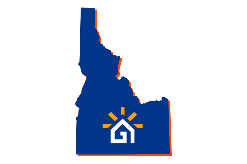A navy blue outline of the state of Idaho with the Great Day Improvements logo in the center.