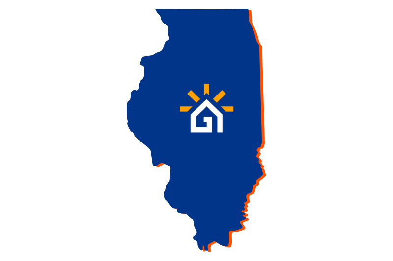 A navy blue outline of the state of Illinois with the Great Day Improvements logo in the center.