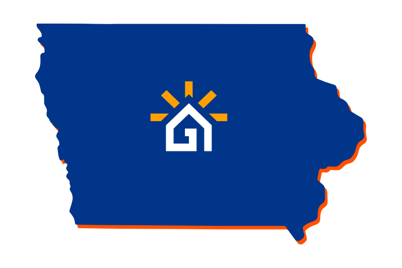 A navy blue outline of the state of Iowa with the Great Day Improvements logo in the center.