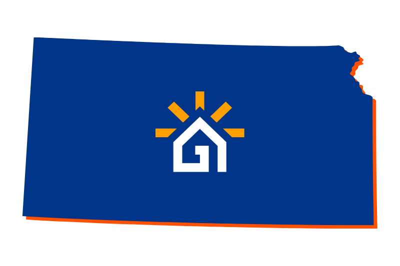 A navy blue outline of the state of Kansas with the Great Day Improvements logo in the center.
