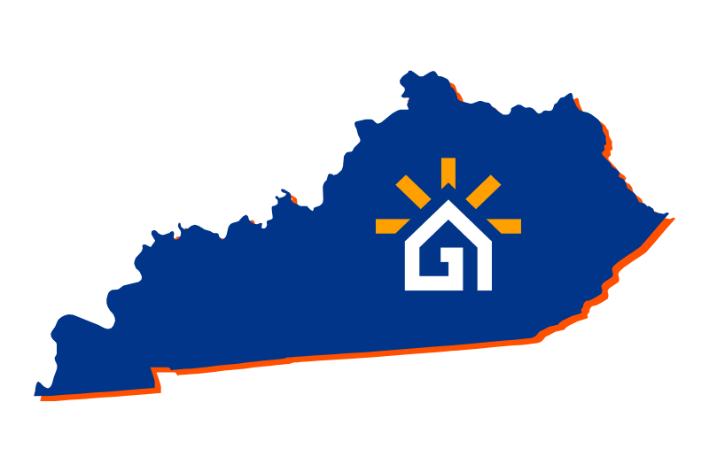 A navy blue outline of the state of Kentucky with the Great Day Improvements logo in the center.