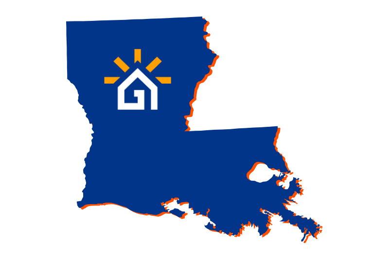 A navy blue outline of the state of Louisiana with the Great Day Improvements logo in the center.
