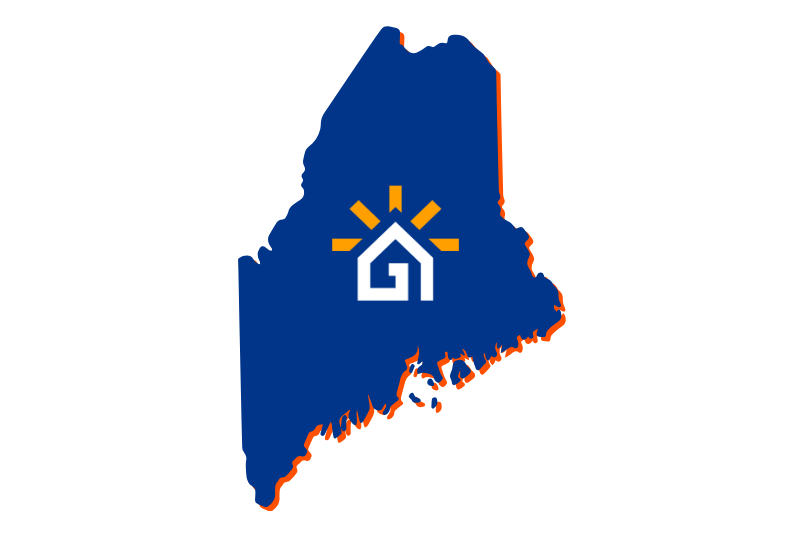 A navy blue outline of the state of Maine with the Great Day Improvements logo in the center.