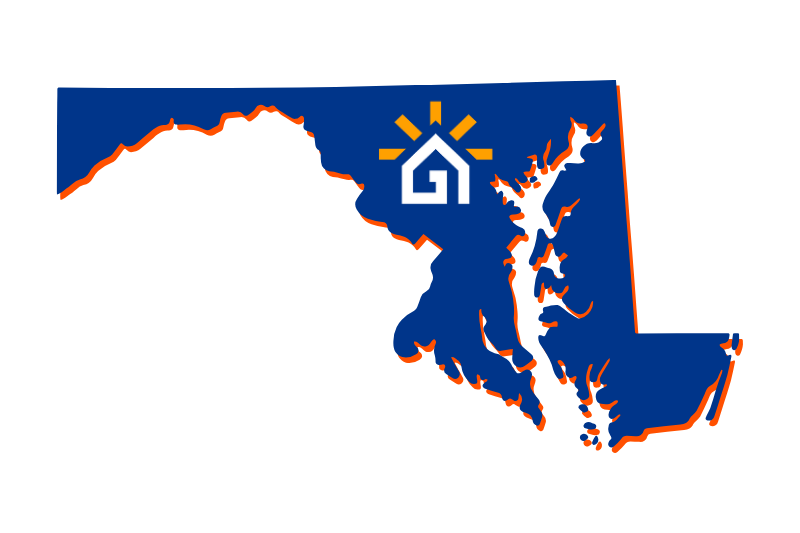A navy blue outline of the state of Massachusetts with the Great Day Improvements logo in the center.