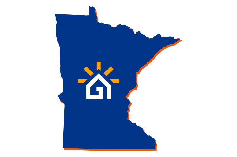 A navy blue outline of the state of Minnesota with the Great Day Improvements logo in the center.