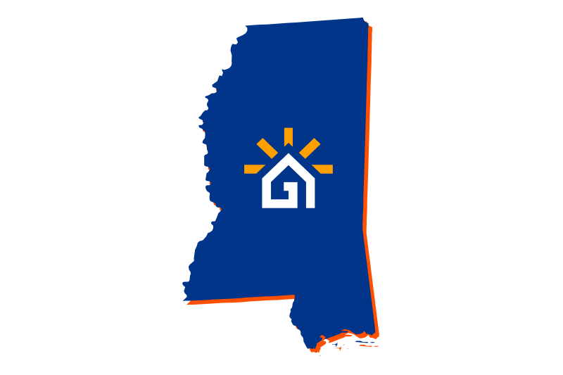 A navy blue outline of the state of Mississippi with the Great Day Improvements logo in the center.