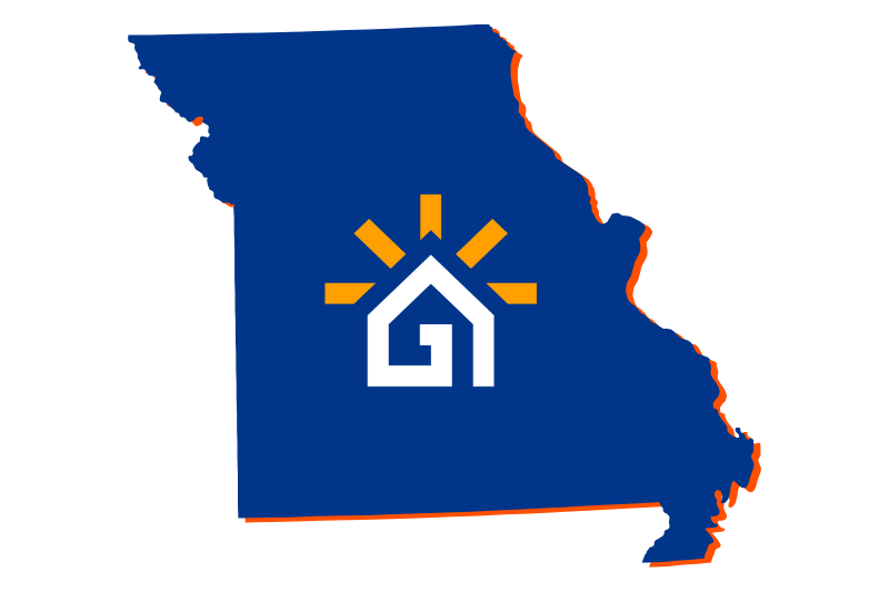A navy blue outline of the state of Missouri with the Great Day Improvements logo in the center.