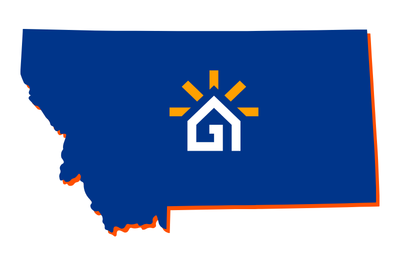 A navy blue outline of the state of Montana with the Great Day Improvements logo in the center.
