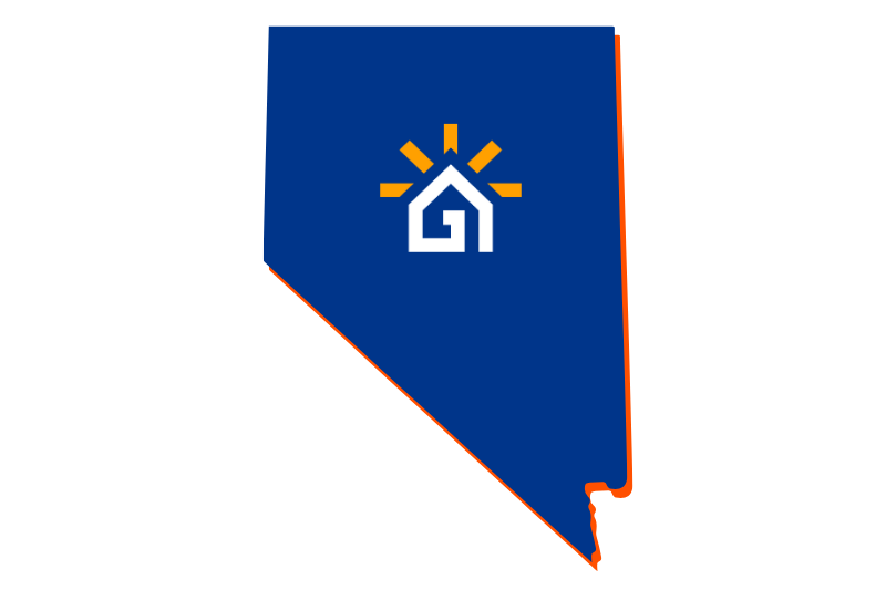 A navy blue outline of the state of Nevada with the Great Day Improvements logo in the center.