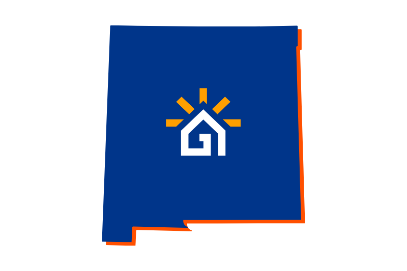 A navy blue outline of the state of New Mexico with the Great Day Improvements logo in the center.
