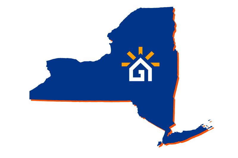 A navy blue outline of the state of New York with the Great Day Improvements logo in the center.