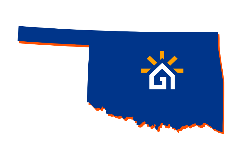 A navy blue outline of the state of Oklahoma with the Great Day Improvements logo in the center.
