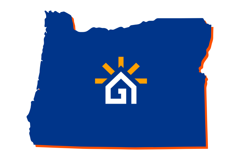 A navy blue outline of the state of Oregon with the Great Day Improvements logo in the center.