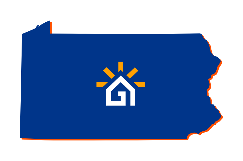 A navy blue outline of the state of Pennsylvania with the Great Day Improvements logo in the center.
