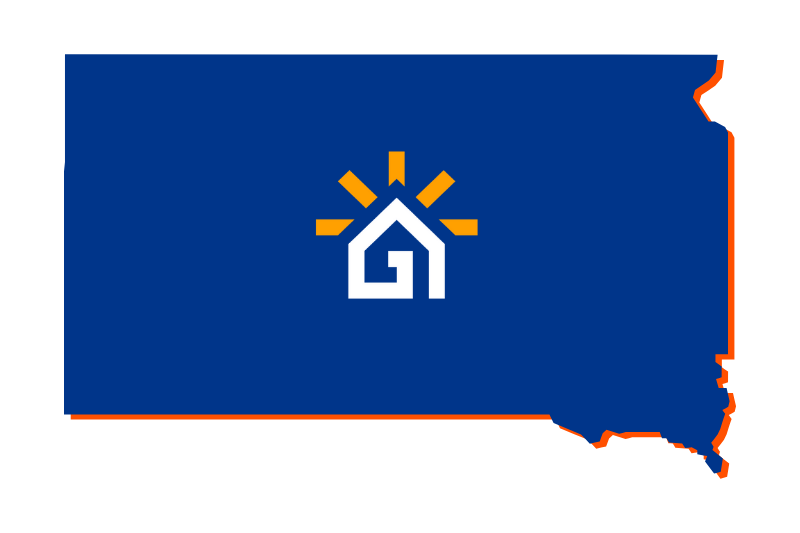 A navy blue outline of the state of South Dakota with the Great Day Improvements logo in the center.