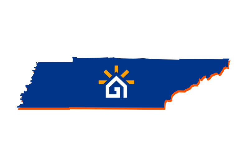 A navy blue outline of the state of Tennessee with the Great Day Improvements logo in the center.