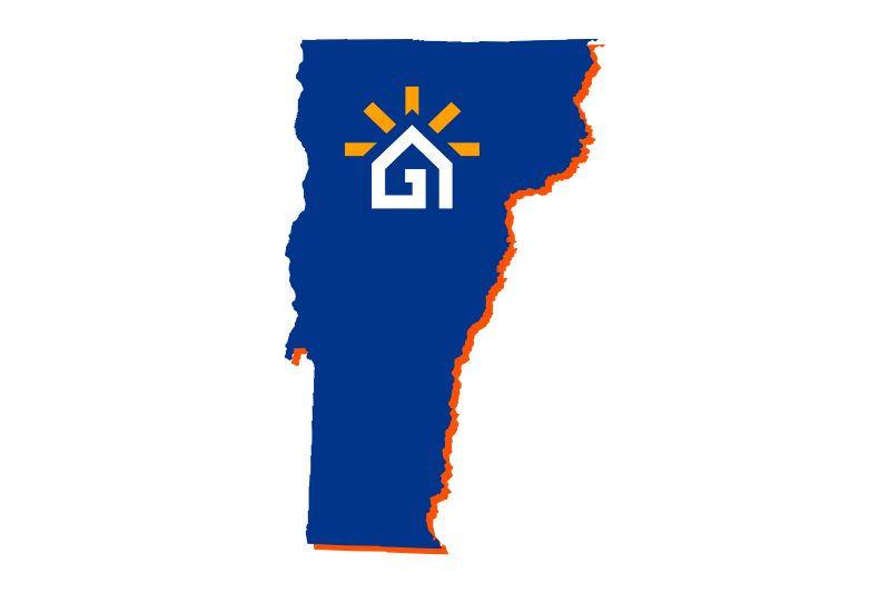 A navy blue outline of the state of Vermont with the Great Day Improvements logo in the center.