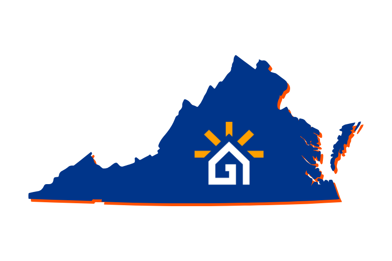 A navy blue outline of the state of Virginia with the Great Day Improvements logo in the center.
