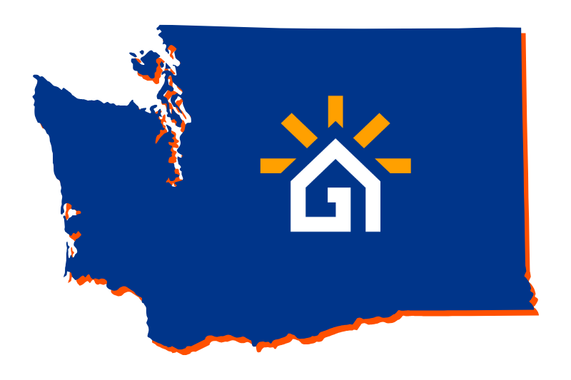 A navy blue outline of the state of Washington with the Great Day Improvements logo in the center.