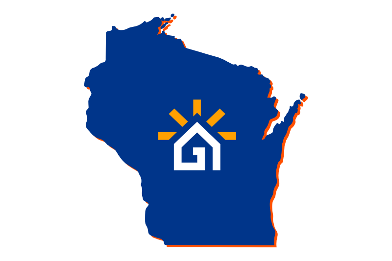 A navy blue outline of the state of Wisconsin with the Great Day Improvements logo in the center.